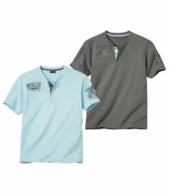 2er-Pack T-Shirts Mit Henley-Kragen